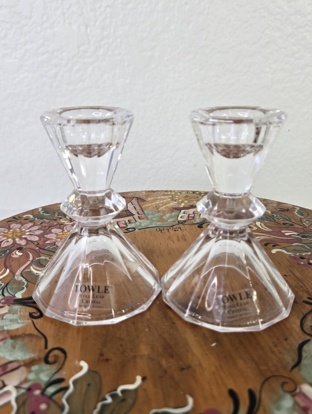 Towle Pair Crystal Candlesticks Facet Diamond Cut Made In Austria Art Deco Vtg